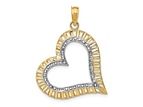 14k Yellow Gold and Rhodium Over 14k Yellow Gold Diamond-Cut Large Tilted Heart Charm