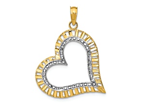 14k Yellow Gold and Rhodium Over 14k Yellow Gold Diamond-Cut Large Tilted Heart Charm