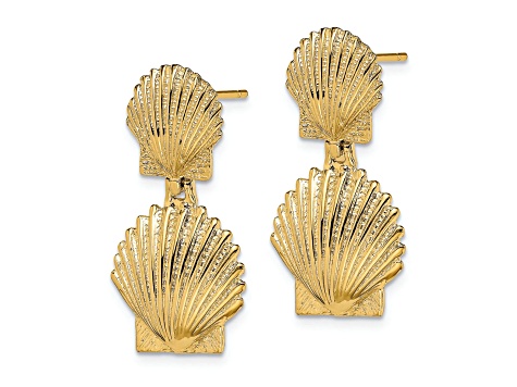 14k Yellow Gold Textured Double Scallop Shell Stud Earrings