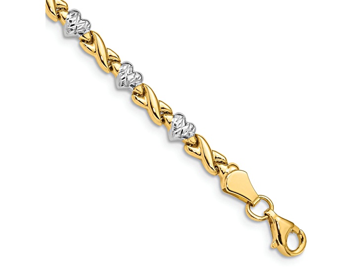 10k Yellow Gold and Rhodium Over 10k Yellow Gold 4mm Polished Heart and X Link Bracelet