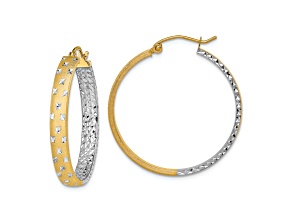 14K Yellow Gold and Rhodium Over 14K Yellow Gold Polished and Satin 1 1/8" In and Out Hoop Earrings
