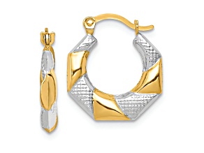 10k Yellow Gold and Rhodium Over 10k Yellow Gold 5/8" Scalloped textured Hoop Earrings