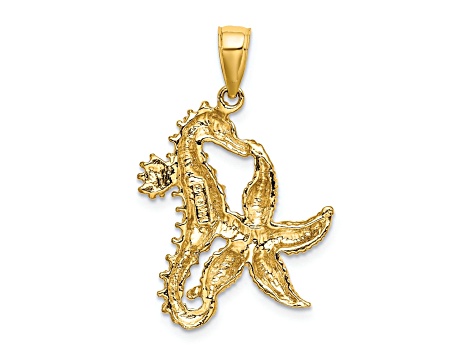 14k Yellow Gold Textured Starfish and Seahorse Charm