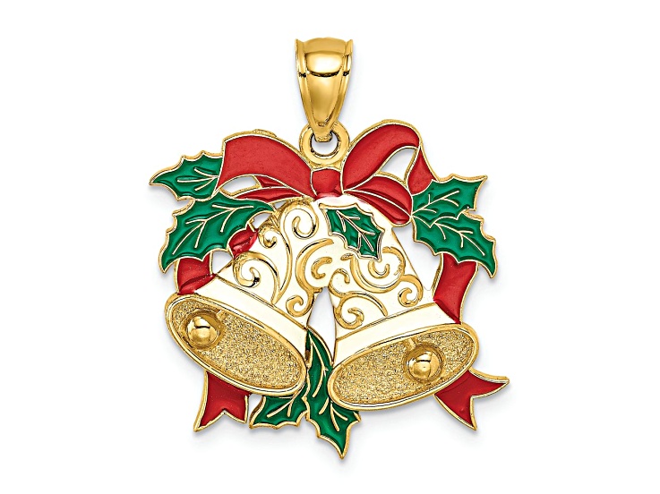 14k Yellow Gold Textured and Enameled Holiday Bells and Holly Charm