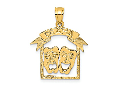 14k Yellow Gold Textured Comedy and Tragedy Drama Story in Frame Charm