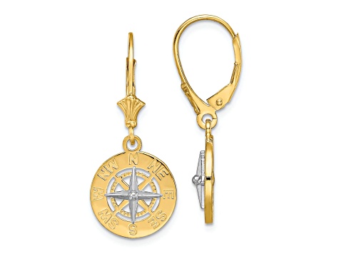 14k Yellow Gold and 14k White Gold Mini Nautical Compass Dangle Earrings