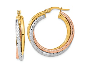 14K Yellow Gold and Rhodium Over 14K Yellow Gold 1 1/16" Polished and Textured Twisted Hoop Earrings