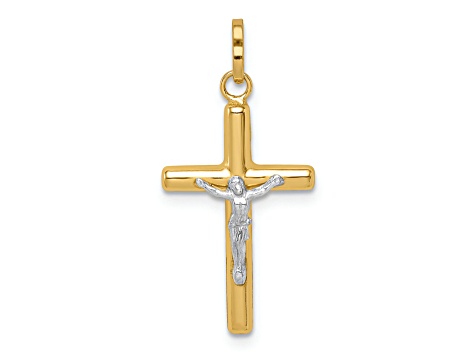 14K Yellow Gold with White Rhodium Polished Hollow Crucifix Charm