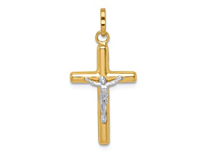 14K Yellow Gold with White Rhodium Polished Hollow Crucifix Charm