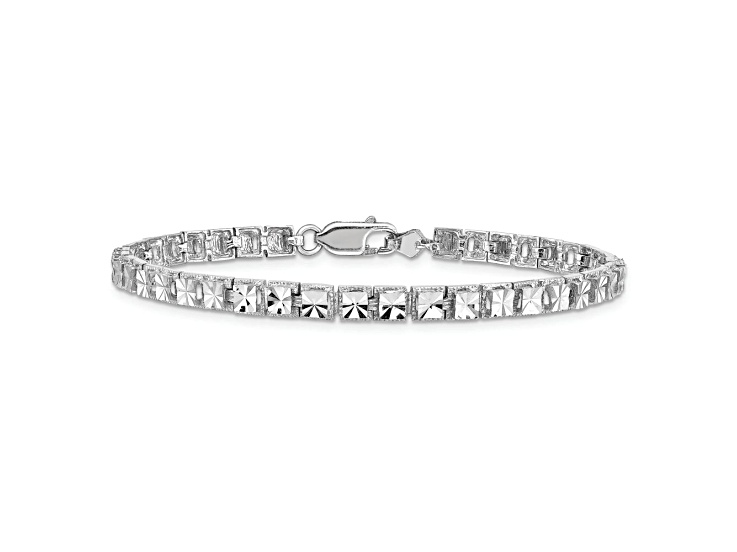 Rhodium Over 14k White Gold 4mm Diamond-Cut Link Bracelet