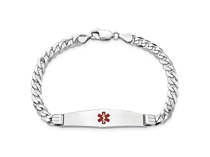 Rhodium Over 14k White Gold Medical Soft Diamond Shape Red Enamel Flat Curb Link ID Bracelet