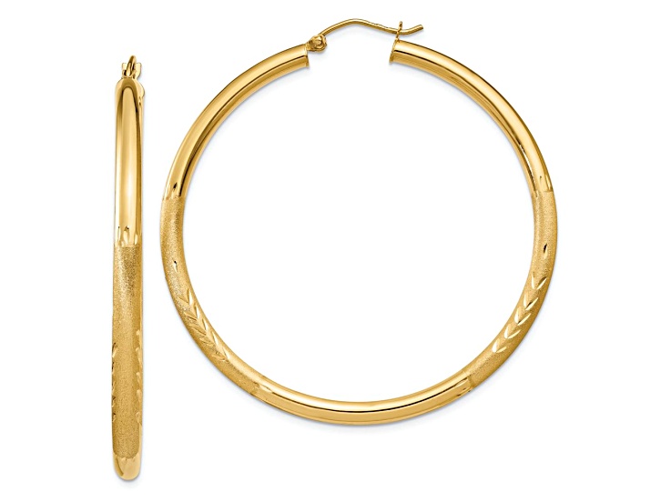 14k Yellow Gold Satin and Diamond-Cut 1 15/16" Round Hoop Earrings