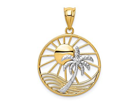 14K Two-tone Sun and Palm Tree Pendant
