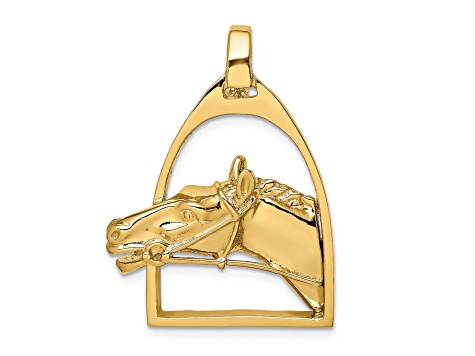 14k Yellow Gold Polished and Textured Horse Head in Stirrup Charm