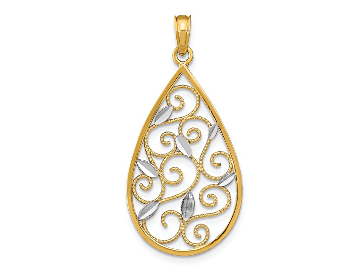 14k Two-tone Gold Beaded Filigree Diamond-cut Teardrop Charm