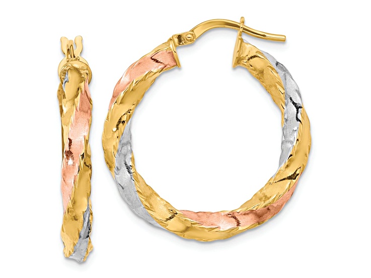 14k Yellow Gold and Rhodium Over 14k Yellow Gold 1 1/8" Polished Twisted Hoop Earrings
