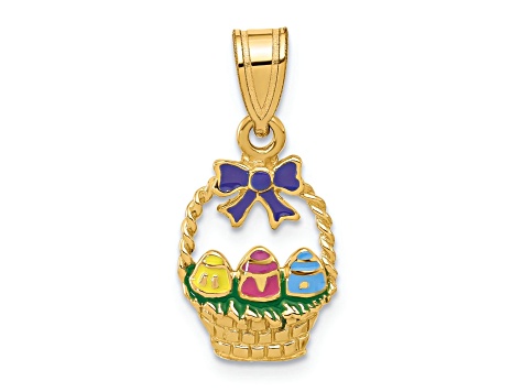 14k Yellow Gold Textured Multi-enameled Easter Basket with Bow and Eggs Charm