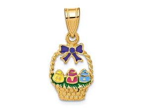 14k Yellow Gold Textured Multi-enameled Easter Basket with Bow and Eggs Charm