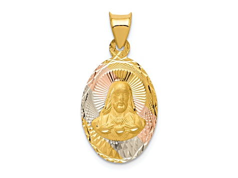 14K Yellow Gold with Rose and White Rhodium Diamond-cut Sagrado Corazon Oval Pendant