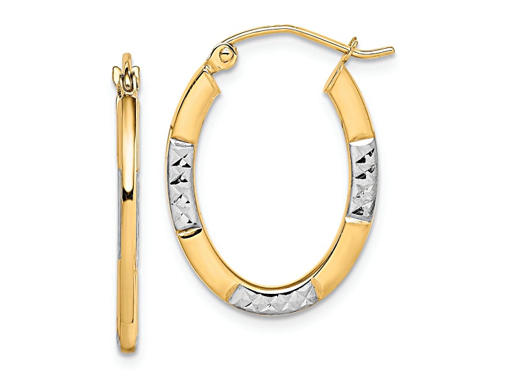 10k Yellow Gold and Rhodium Over 10k Yellow Gold Diamond-Cut 7/8" Oval Hoop Earrings
