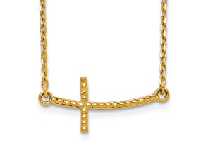 14K Yellow Gold Sideways Curved Textured Cross Necklace