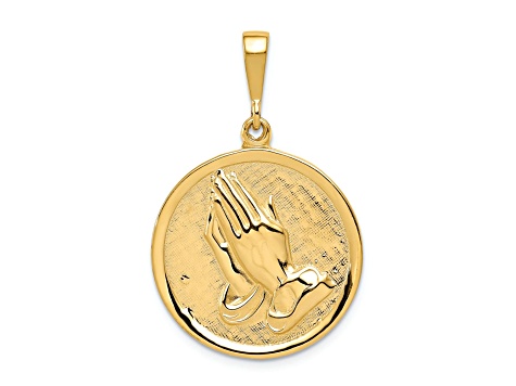 14k Yellow Gold Textured Praying Hands and Serenity Prayer Pendant