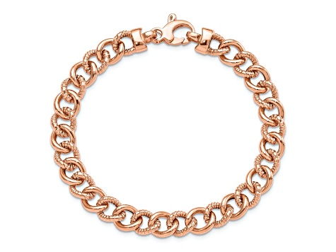 14k Rose Gold 8mm Polished and Textured Fancy Link Bracelet