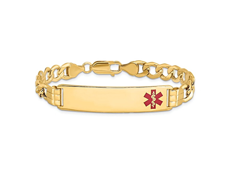 14k Yellow Gold Semi-solid Medical Red Enamel Curb Link ID Bracelet