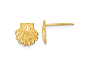 14k Yellow Gold Satin and Diamond-Cut 9mm Seashell Stud Earrings