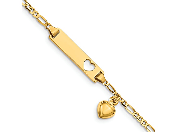 14k Yellow Gold Cut-out Heart with Dangling Heart Children's Figaro Link ID Bracelet