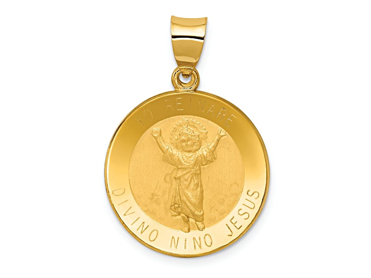 14k Yellow Gold Polished Satin Divino Nino Round Medal Pendant