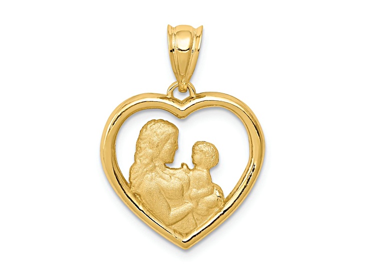 14k Yellow Gold Polished and Satin Mom and Baby Heart Charm
