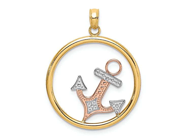 14K Two-tone Gold with Rhodium Over 14k Rose Gold textured Anchor In Circle Charm