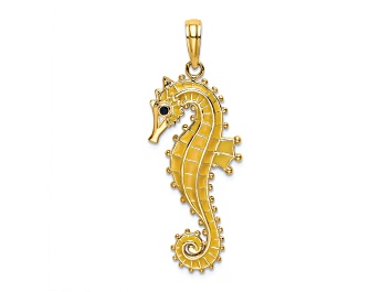 Picture of 14k Yellow Gold Textured 3D Black Enamel Seahorse Charm