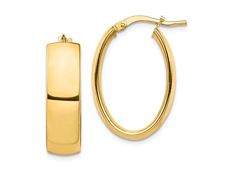 14k Yellow Gold 1" High Polished Oval Hoop Earrings