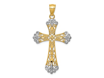 Picture of 14k Yellow Gold and Rhodium Over 14k Yellow Gold Diamond-cut and Textured Cross Pendant