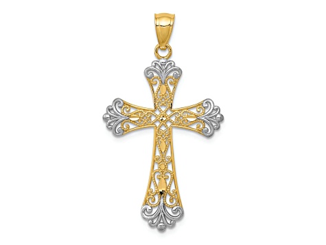 14k Yellow Gold and Rhodium Over 14k Yellow Gold Diamond-cut and Textured Cross Pendant