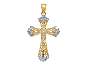 14k Yellow Gold and Rhodium Over 14k Yellow Gold Diamond-cut and Textured Cross Pendant
