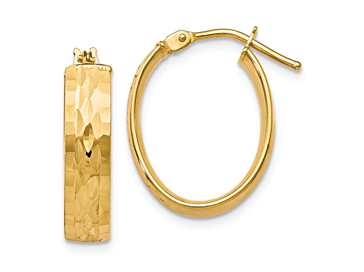 10k Yellow Gold 13/16 inch Polished and Diamond-Cut Oval Hinged Hoop Earrings