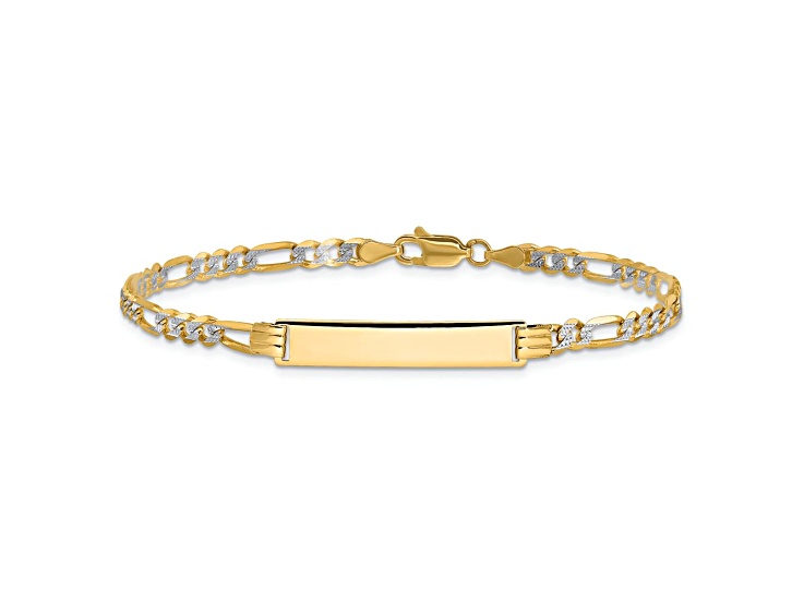 14k Yellow Gold and Rhodium Over 14k Yellow Gold Pave Figaro Link ID Bracelet