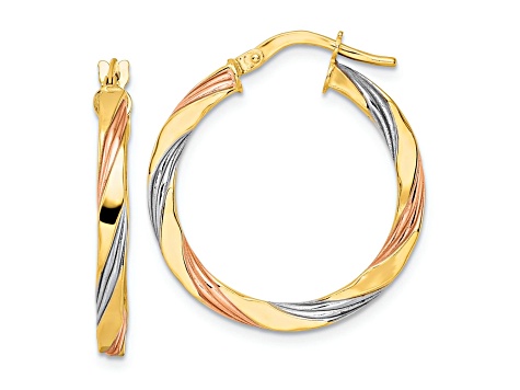 14k Yellow Gold and Rhodium Over 14k Yellow Gold 1 1/16" Polished Textured Twisted Hoop Earrings