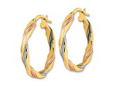 14k Yellow Gold and Rhodium Over 14k Yellow Gold 1 1/16" Polished Textured Twisted Hoop Earrings