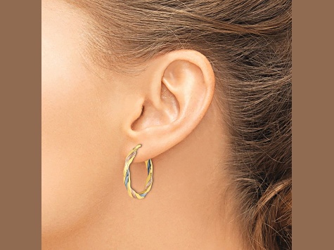 14k Yellow Gold and Rhodium Over 14k Yellow Gold 1 1/16" Polished Textured Twisted Hoop Earrings