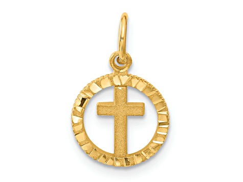 14k Yellow Gold Diamond-Cut and Satin Eternal Life Cross in Circle Pendant