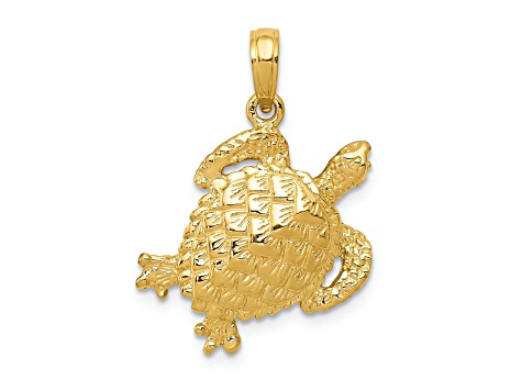 14k Yellow Gold Solid Polished and Textured Open-Backed Turtle Pendant