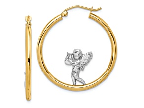 14K Yellow Gold and Rhodium Over 14K Yellow Gold Textured 1 3/16" Angel Hoop Earrings