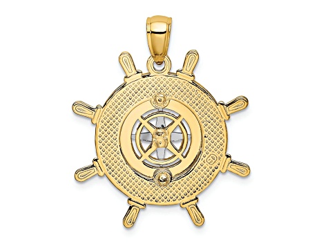 14k Yellow Gold and 14k White Gold Ship's Wheel with Nautical Compass Pendant