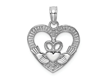 Picture of Rhodium Over 14K White Gold Polished/Textured Heart Claddagh Charm