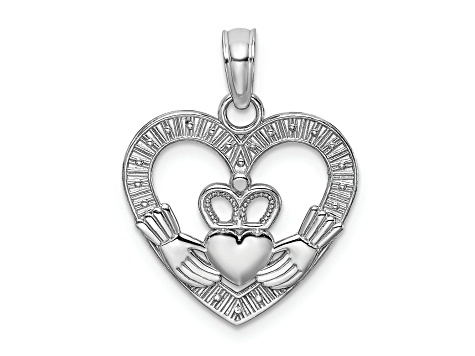 Rhodium Over 14K White Gold Polished/Textured Heart Claddagh Charm
