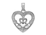 Rhodium Over 14K White Gold Polished/Textured Heart Claddagh Charm